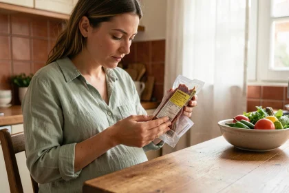 Femme enceinte lisant l'étiquette d'un paquet de viande des grisons dans une cuisine naturelle