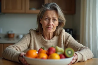 Femme fatiguée regardant un bol de fruits riches en vitamine D dans une cuisine en bois