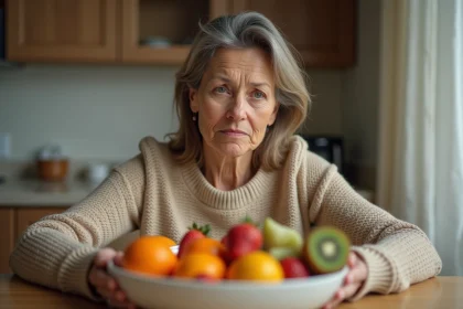 Femme fatiguée regardant un bol de fruits riches en vitamine D dans une cuisine en bois