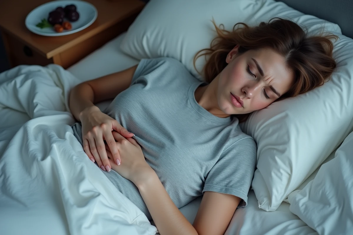 Femme allongée dans son lit tenant son ventre après avoir mangé des pruneaux le soir, évoquant les effets sur le transit et le sommeil