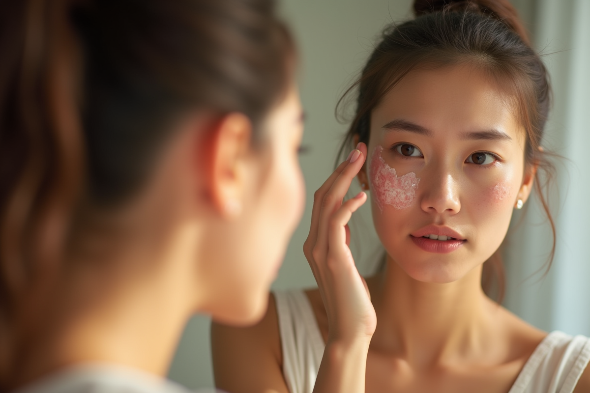 Jeune femme regardant sa peau dans le miroir le matin