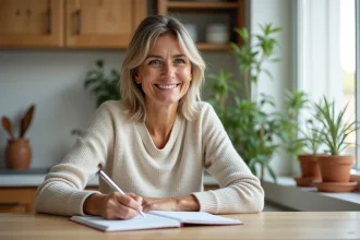 Femme souriante dans sa cuisine en train de remplir un journal bien-être