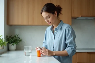 Femme lisant attentivement l'étiquette d'une boîte d'antibiotiques dans une cuisine moderne, verre d'eau posé à côté