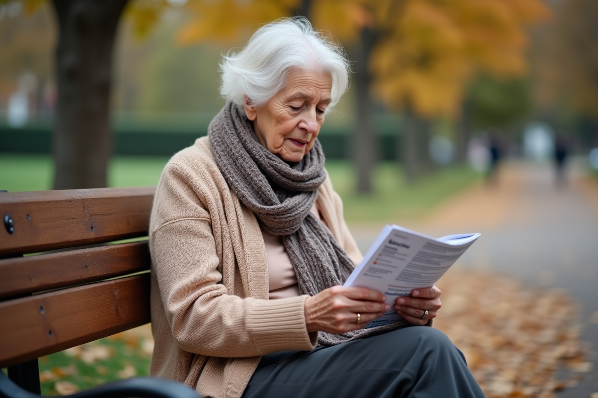 Femme agee lisant un flyer dans un parc en automne