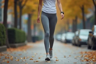 Femme en tenue de sport marchant sur un trottoir urbain avec une montre connectée affichant un compteur de pas