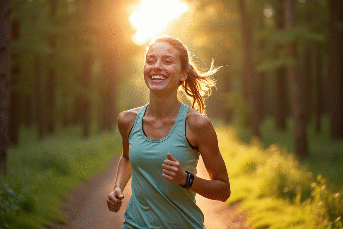 Jeune femme marchant dans la forêt en tenue sportive