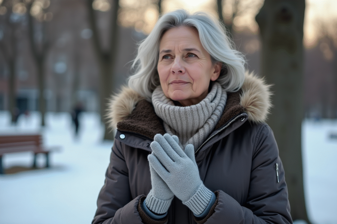 Femme d'âge moyen massant ses mains en hiver dans un parc