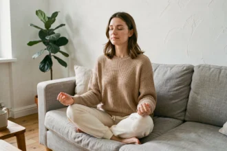 Femme pratiquant la méditation chez elle pour réduire le cortisol et gérer le stress de l'hypersensibilité