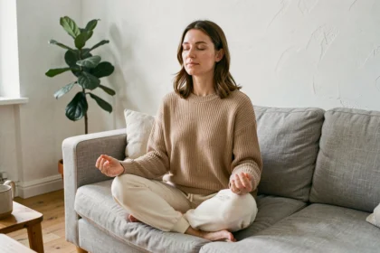 Femme pratiquant la méditation chez elle pour réduire le cortisol et gérer le stress de l'hypersensibilité
