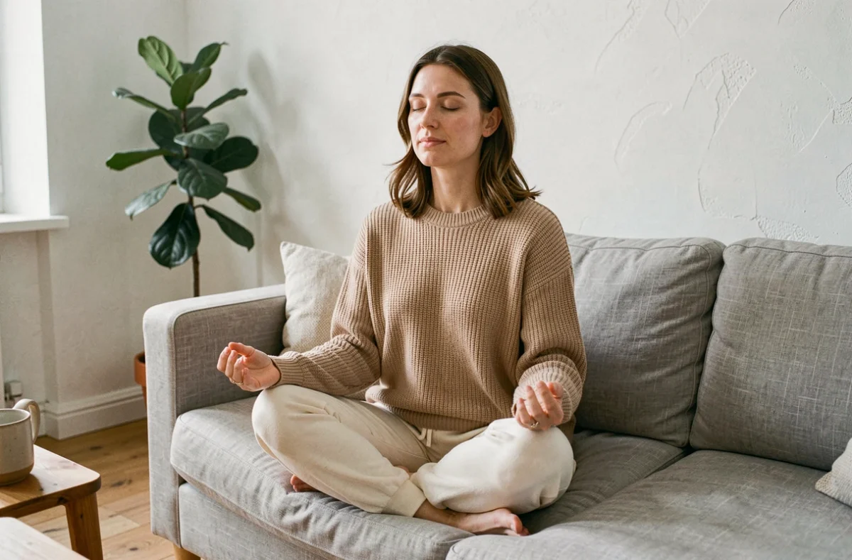 Femme pratiquant la méditation chez elle pour réduire le cortisol et gérer le stress de l'hypersensibilité