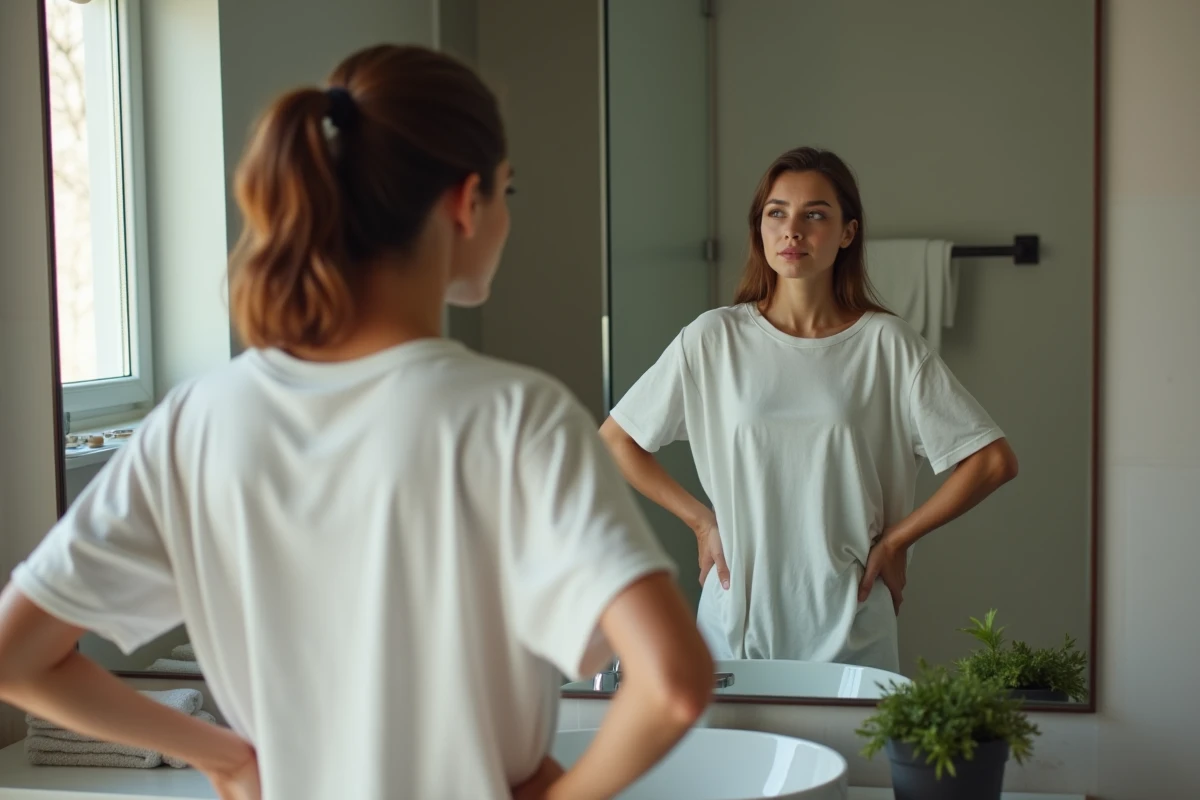 Jeune femme debout devant un miroir de salle de bain, s'observant avec confiance, symbolisant l'acceptation de soi et la conscience corporelle féminine