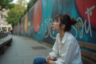 Jeune femme contemplant une fresque urbaine colorée