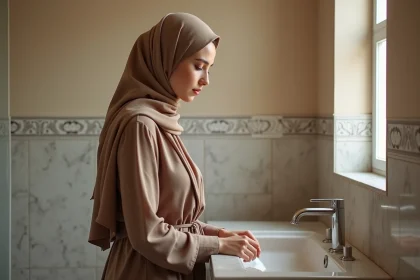 Jeune femme musulmane en bain traditionnel dans une salle de bain