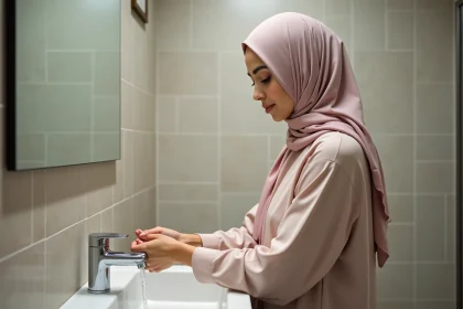 Femme musulmane en hijab pastel se lave les bras dans une salle de bain