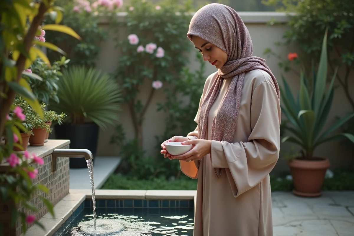 Femme musulmane préparant la purification dans un jardin