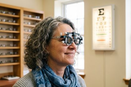 Femme souriante lors d'un examen de vue à l'opticien