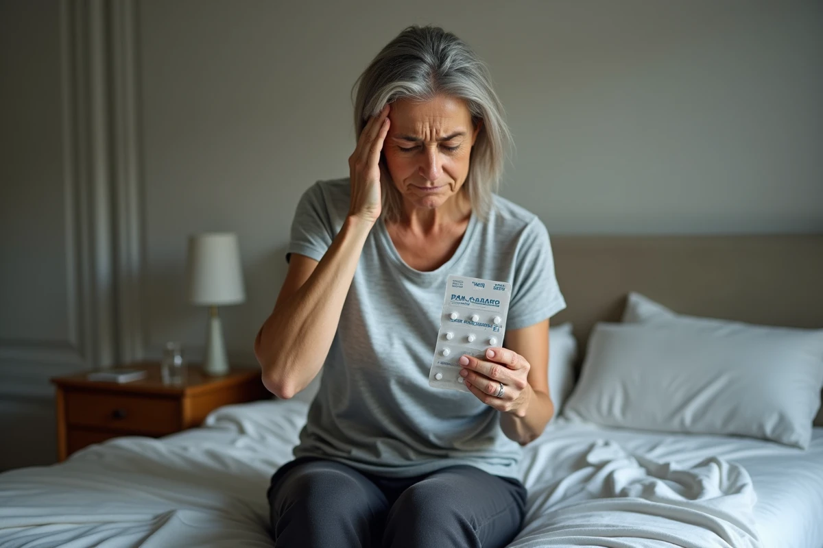 Femme tenant un blister de paracétamol assise sur son lit avec une expression de malaise, illustrant les risques des antidouleurs et du malaise vagal