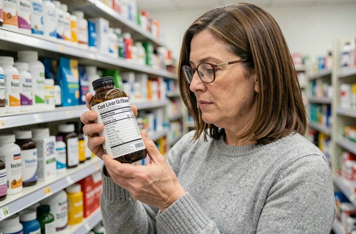 Femme lisant l'étiquette d'un flacon d'huile de foie de morue en pharmacie, vigilance sur le dosage et les contre-indications
