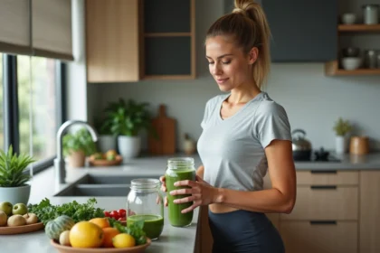 Femme en cuisine préparant un smoothie vert sain