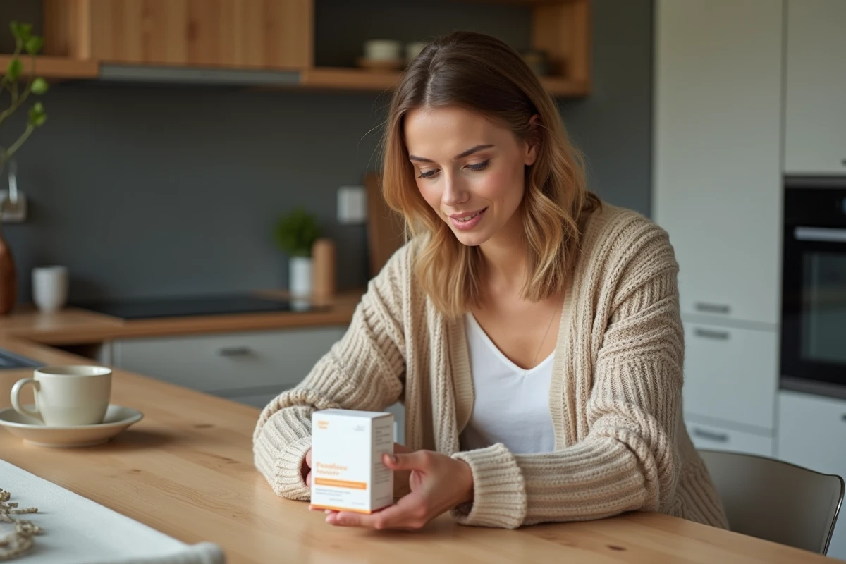 Femme lisant une étiquette de probiotiques dans la cuisine