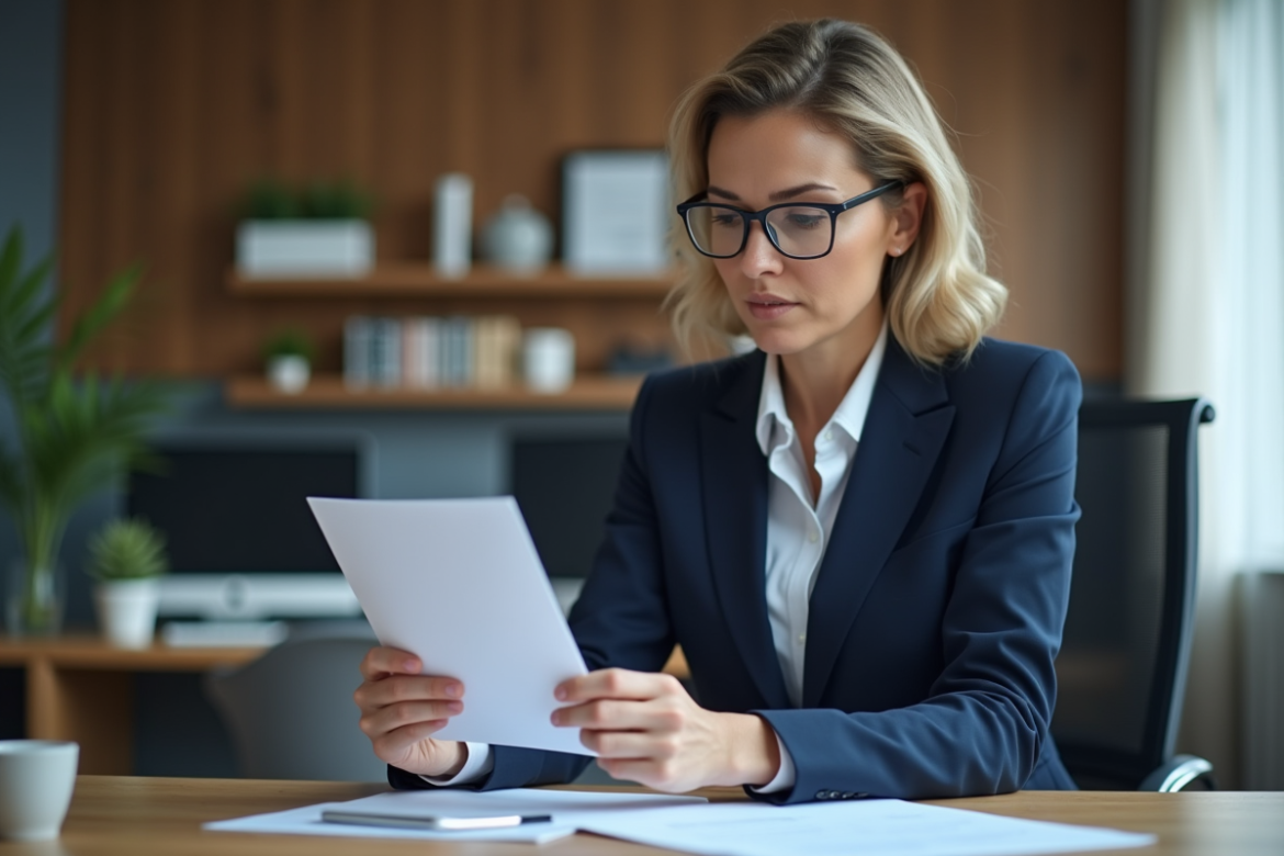 Femme professionnelle en costume bleu examinant des documents médicaux