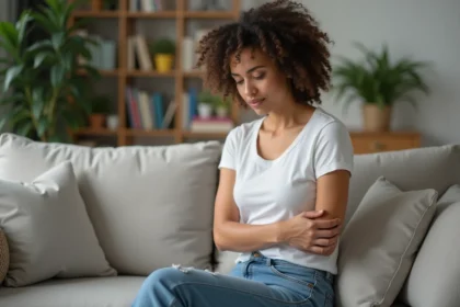 Femme en t-shirt coton examine son aisselle avec souci