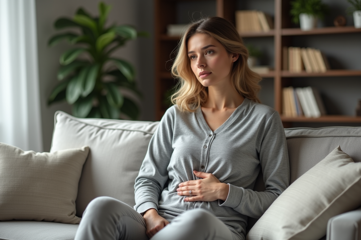 Femme en loungewear pensant dans son salon