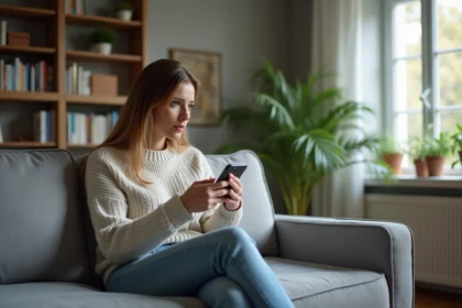 Femme pensant dans un salon moderne et cosy