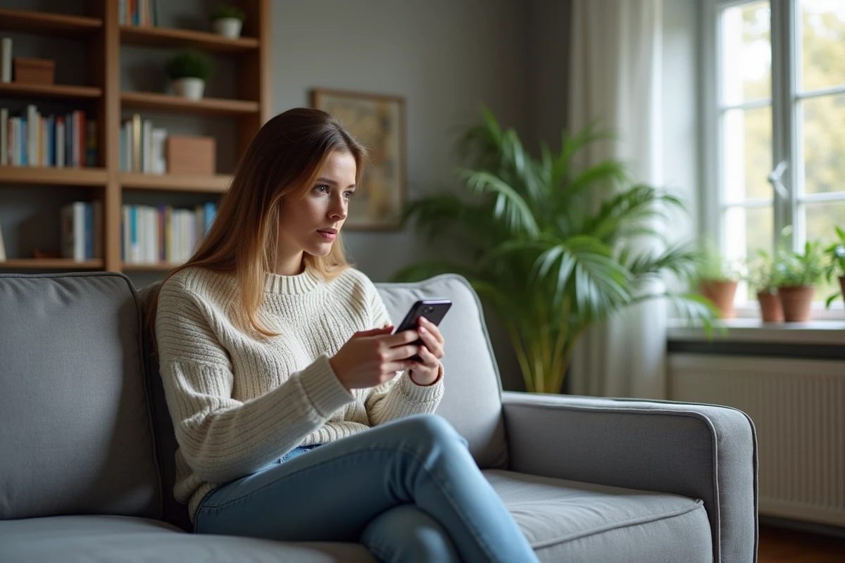Femme pensant dans un salon moderne et cosy
