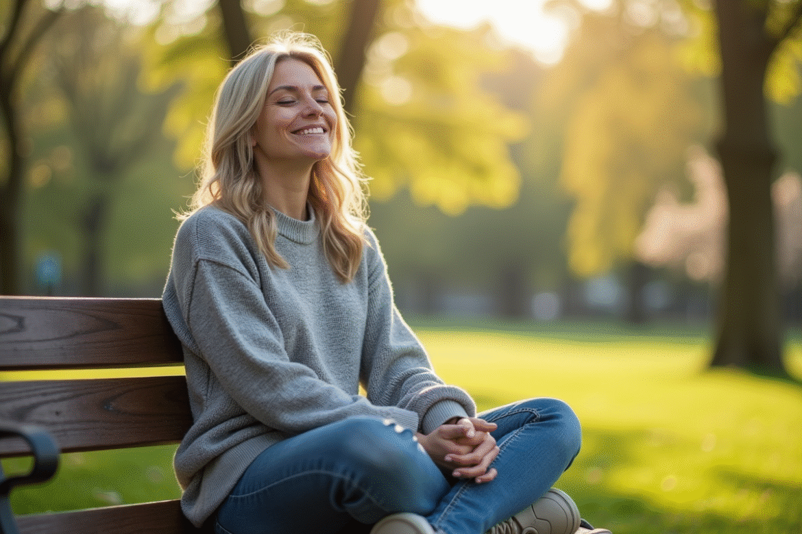 Femme en sweater gris assise sur un banc dans un parc printanier