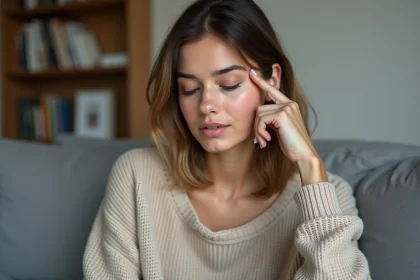 Femme contemplative en intérieur portant un pull beige