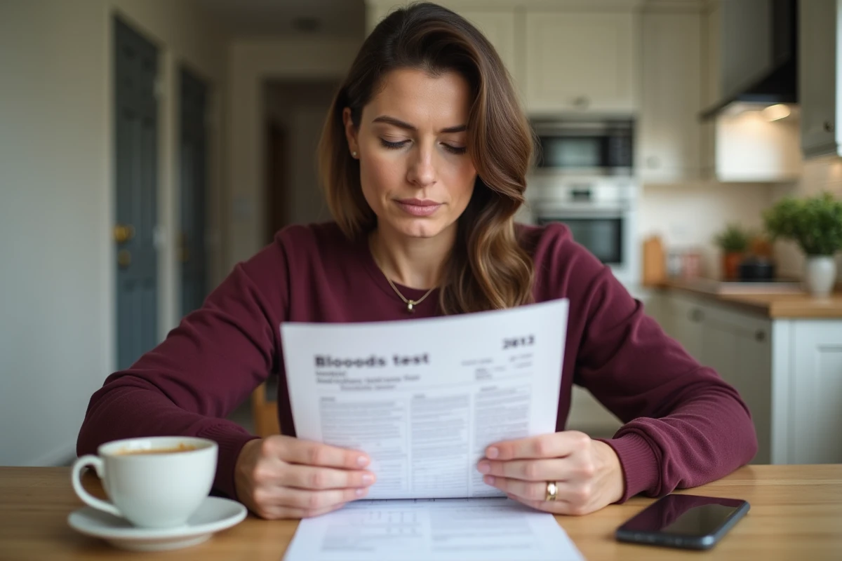 Femme lisant ses résultats d'analyse de sang à domicile, leucocytes élevés