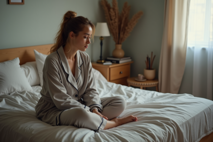 Femme assise au lit en pajamas contemplant sa journée