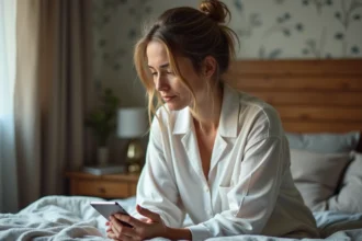 Femme d'âge moyen en pyjamas assise sur le lit pensant