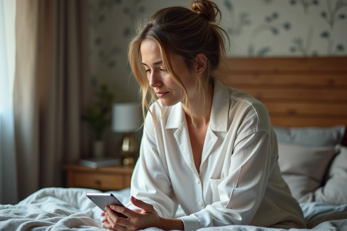 Femme d'âge moyen en pyjamas assise sur le lit pensant