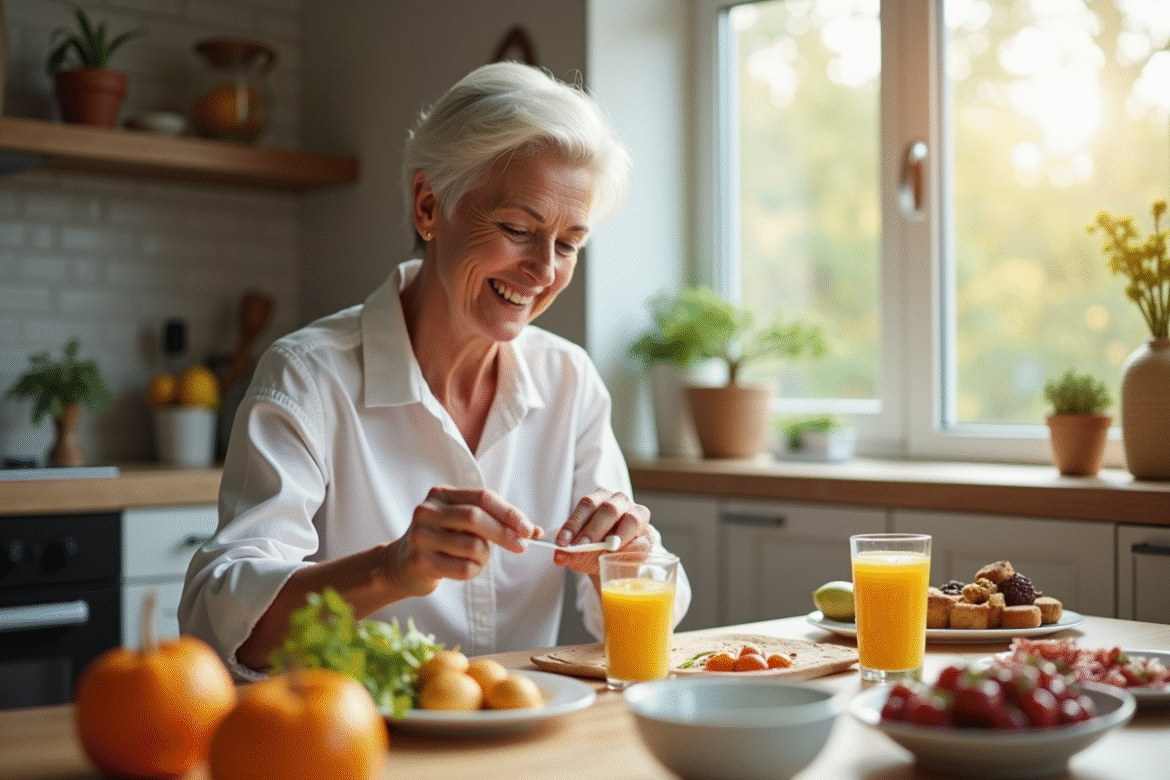Femme souriante vérifiant son sucre au petit déjeuner sain