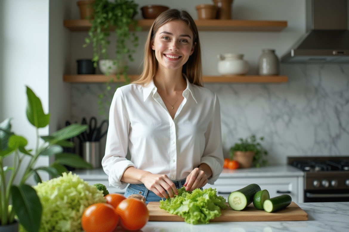 Jeune femme préparant une salade colorée dans la cuisine
