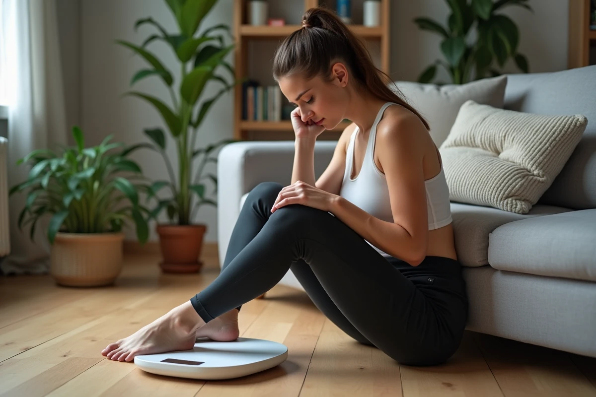 Femme en athleisure regardant une balance dans un salon moderne