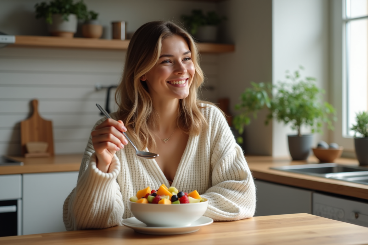 Jeune femme dégustant une salade de fruits dans la cuisine