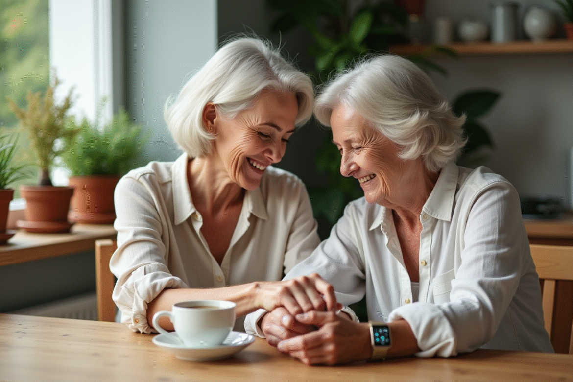 Femme d'âge moyen et femme âgée partageant un thé dans la cuisine
