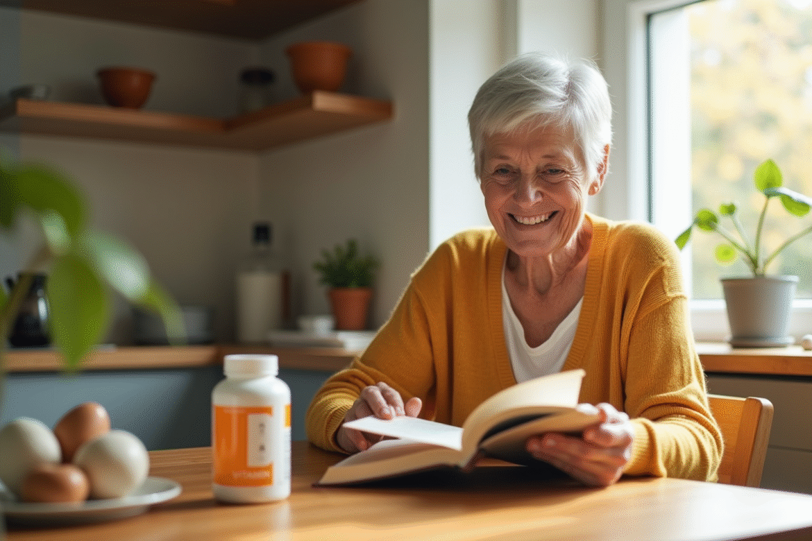 Femme senior souriante lisant un livre à la cuisine