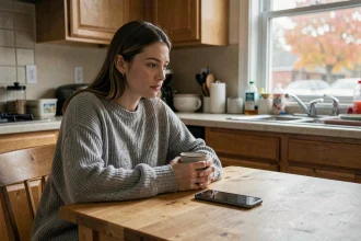Femme seule à table regardant son téléphone retourné, exprimant la mélancolie et l'attente après une séparation à distance