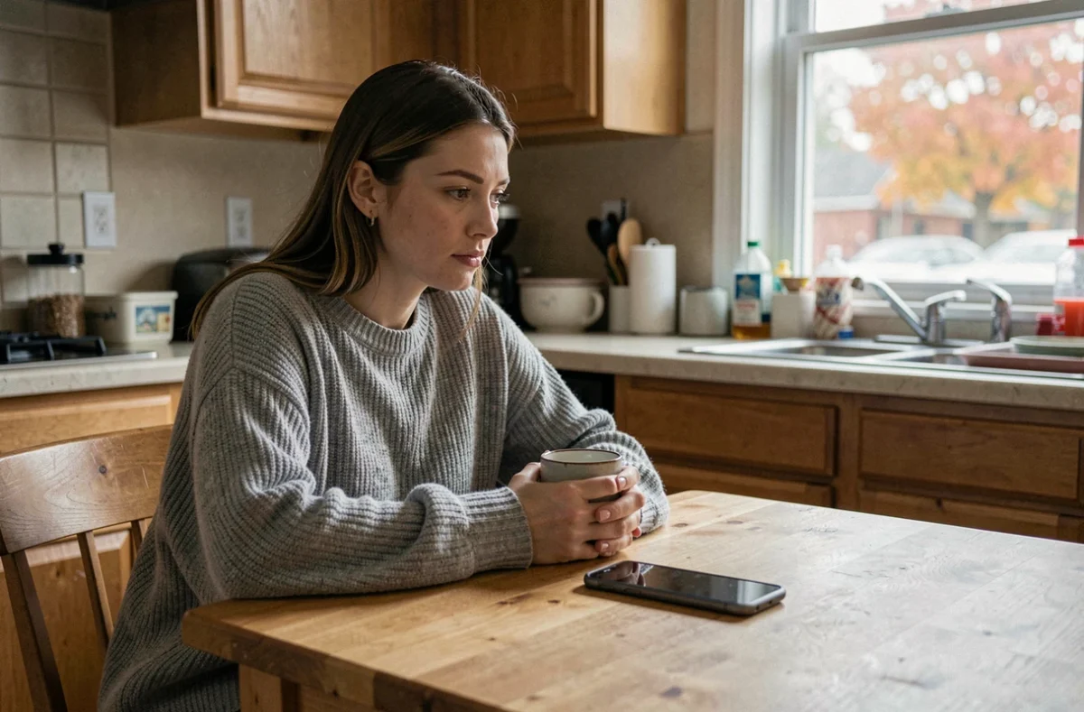 Femme seule à table regardant son téléphone retourné, exprimant la mélancolie et l'attente après une séparation à distance