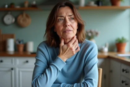Femme d'âge moyen touchant sa gorge avec inquiétude