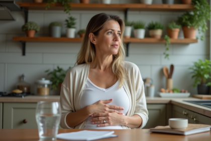 Femme d'âge moyen tenant son abdomen dans une cuisine chaleureuse