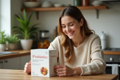 Femme souriante examine un box de probiotics dans sa cuisine lumineuse