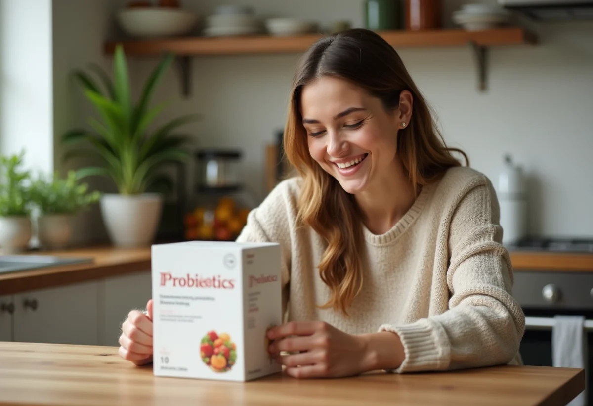 Femme souriante examine un box de probiotics dans sa cuisine lumineuse