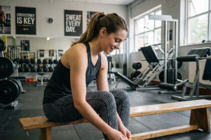 Femme sportive en salle de sport attachant ses chaussures