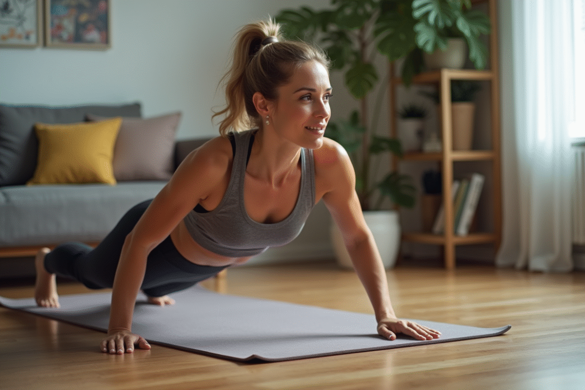 Femme sportive en plank dans un salon moderne