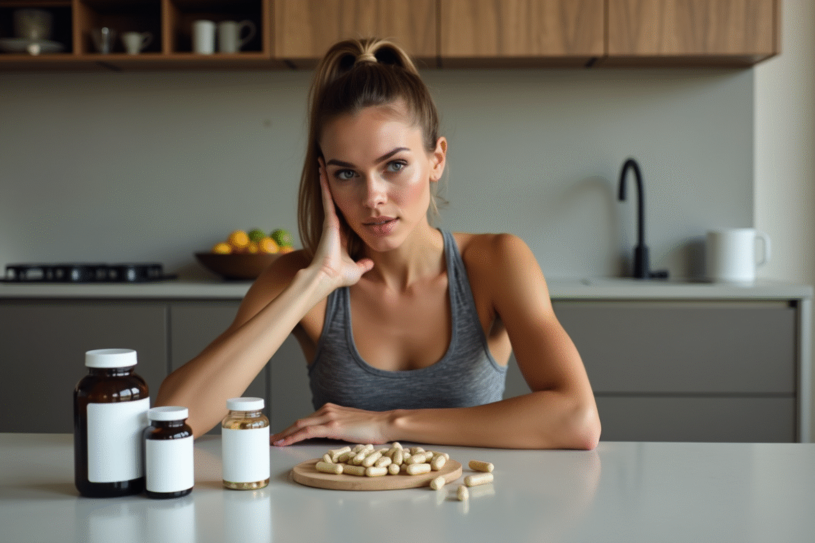 Femme sportive examinant des compléments alimentaires à la maison